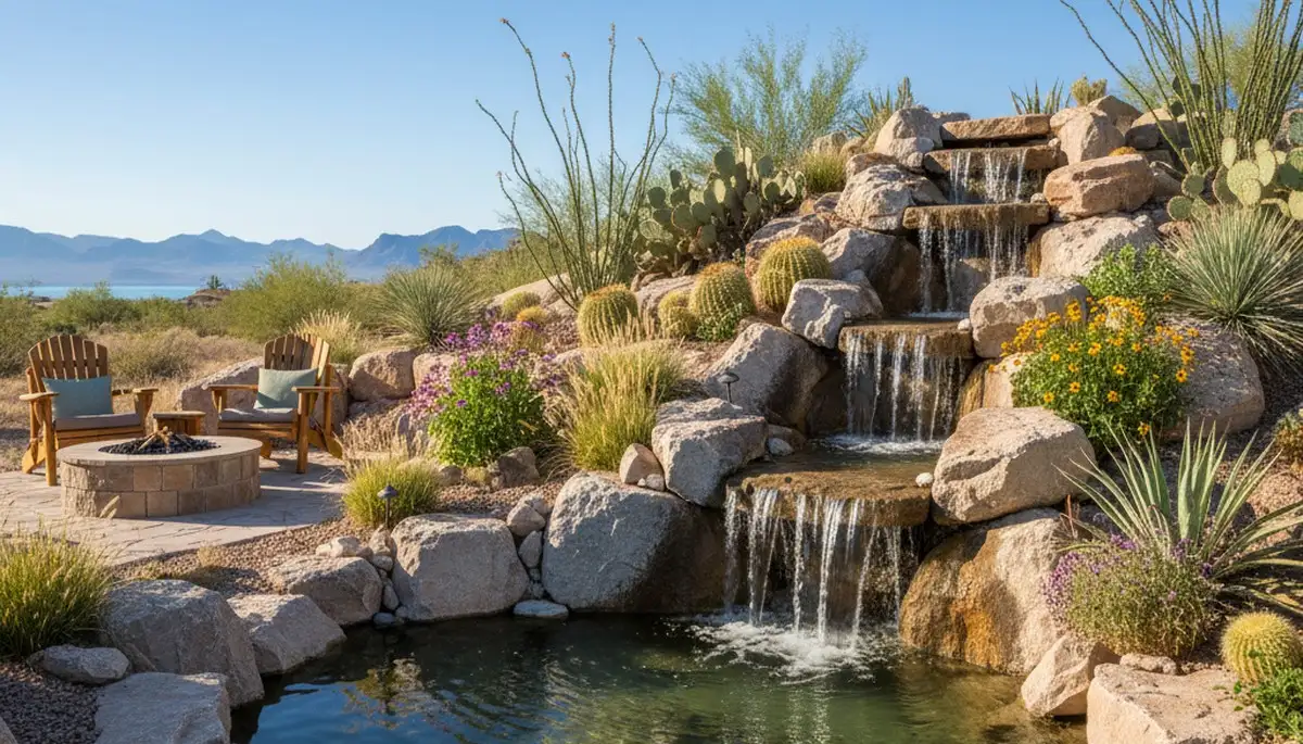 Custom multi-tiered backyard waterfall and rock garden by Las Vegas landscapers in Willow Beach, AZ