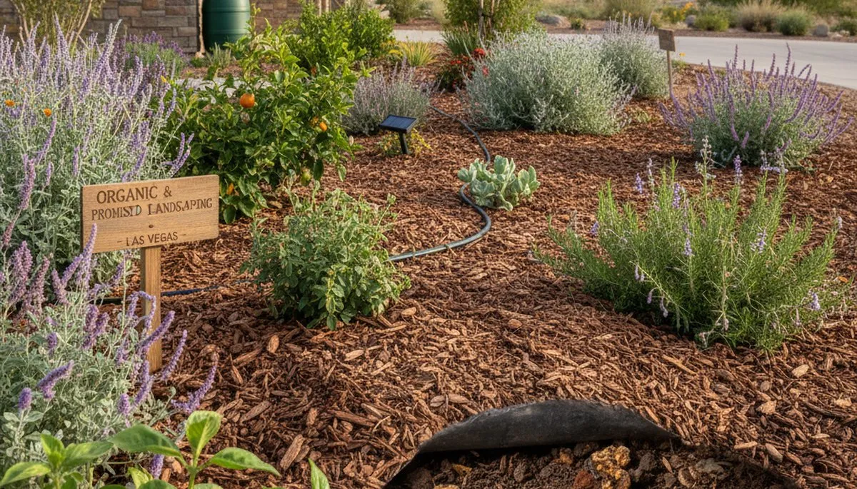 Organic landscape beds with natural mulch and native plants in chemical-free Las Vegas landscaping design
