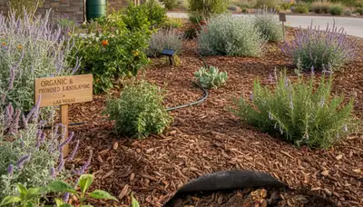 Organic landscape beds with natural mulch and native plants in chemical-free Las Vegas landscaping design
