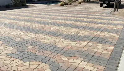 Finished interlocking paver driveway by Chop Chop Landscaping in Las Vegas, NV showcasing expert craftsmanship