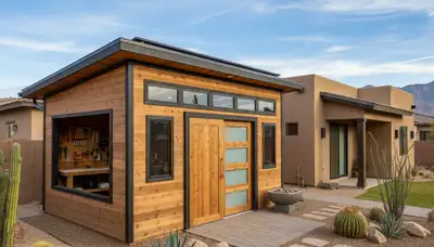 Custom-built shed installation by Chop Chop Landscaping in Las Vegas, NV with premium design features