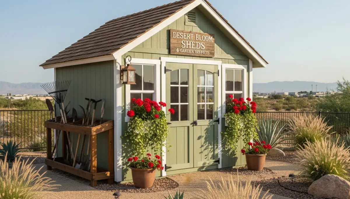 Decorative garden shed with desert landscaping in Las Vegas, NV by Chop Chop Landscaping