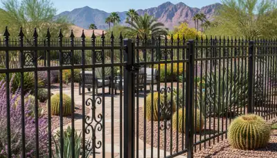 Black ornamental metal fence installation by Chop Chop Landscaping in Las Vegas, NV
