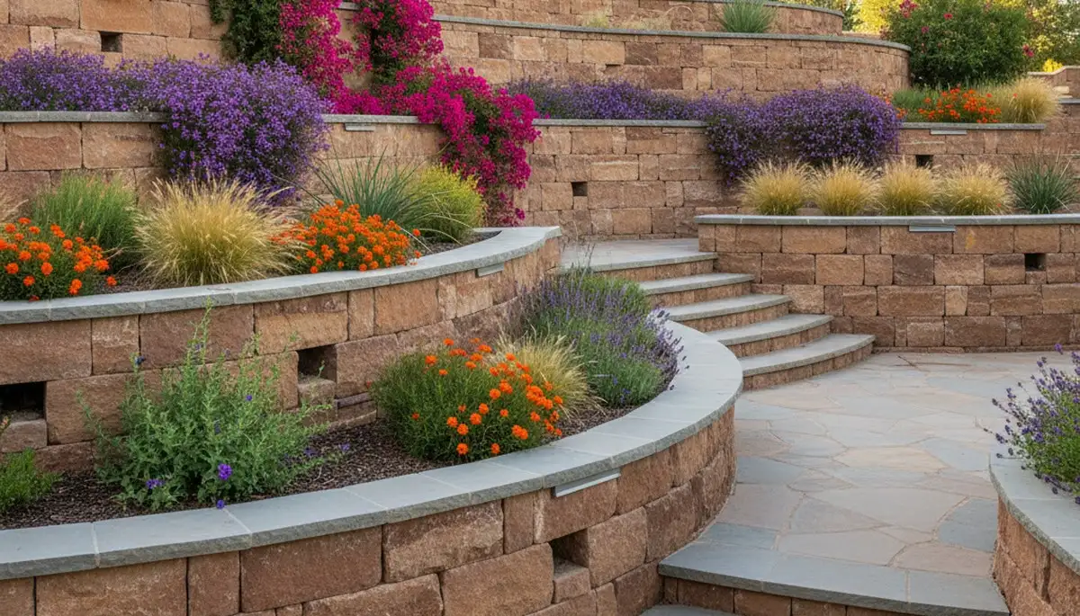Tiered natural stone retaining wall with native plants and lighting in Nipton, CA by Las Vegas landscapers
