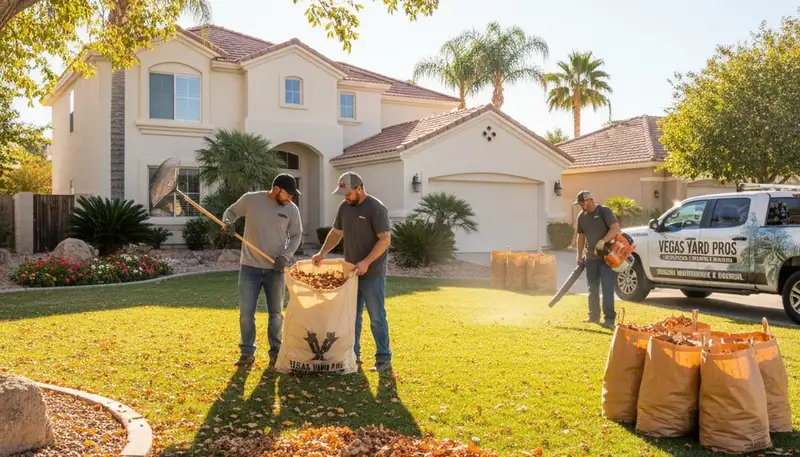 Professional landscapers performing fall leaf removal in a Las Vegas, NV residential yard cleanup