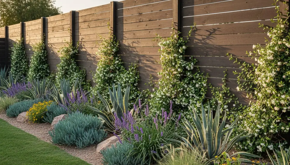 Modern fence with climbing plants and desert landscaping in Las Vegas, NV by Chop Chop Landscaping