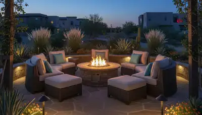 Fire pit patio with circular seating and desert landscaping design in Nipton, CA by Las Vegas landscapers