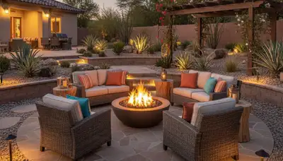 Fire pit patio with seating and paver design by Las Vegas landscapers near Willow Beach AZ homes