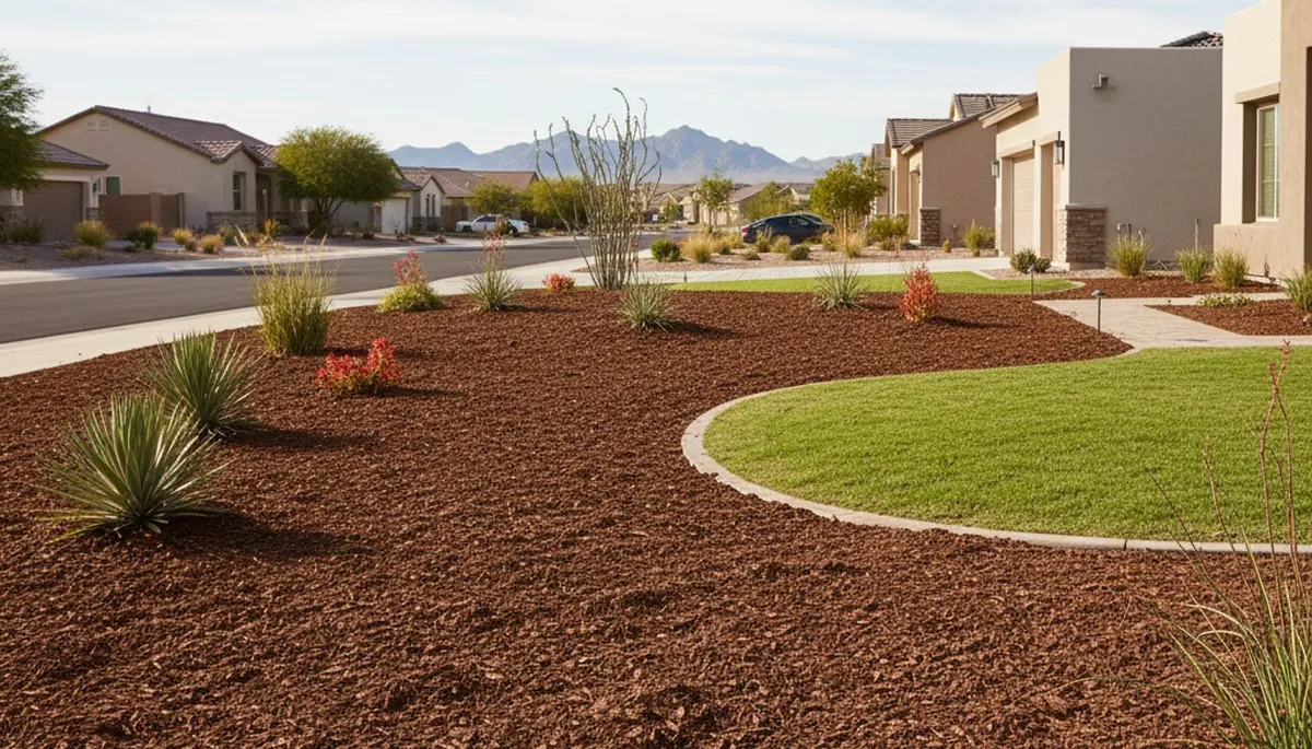 Freshly installed mulch beds with clean edges by Chop Chop Landscaping in Las Vegas, NV