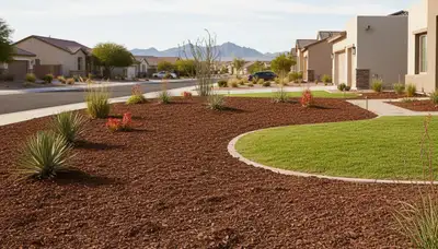 Freshly installed mulch beds with clean edges by Chop Chop Landscaping in Las Vegas, NV
