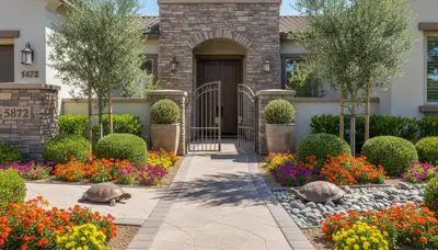 Symmetrical front yard landscaping with colorful flowers and shrubs in Las Vegas, NV by Chop Chop Landscaping
