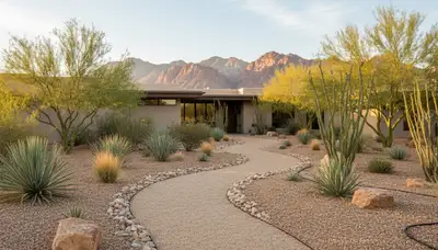 Pea gravel garden pathway with natural edging in Las Vegas NV desert landscape design by Chop Chop Landscaping