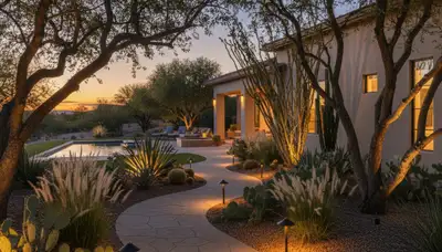 Residential landscape lighting at dusk showcasing professional landscaping in Las Vegas, NV