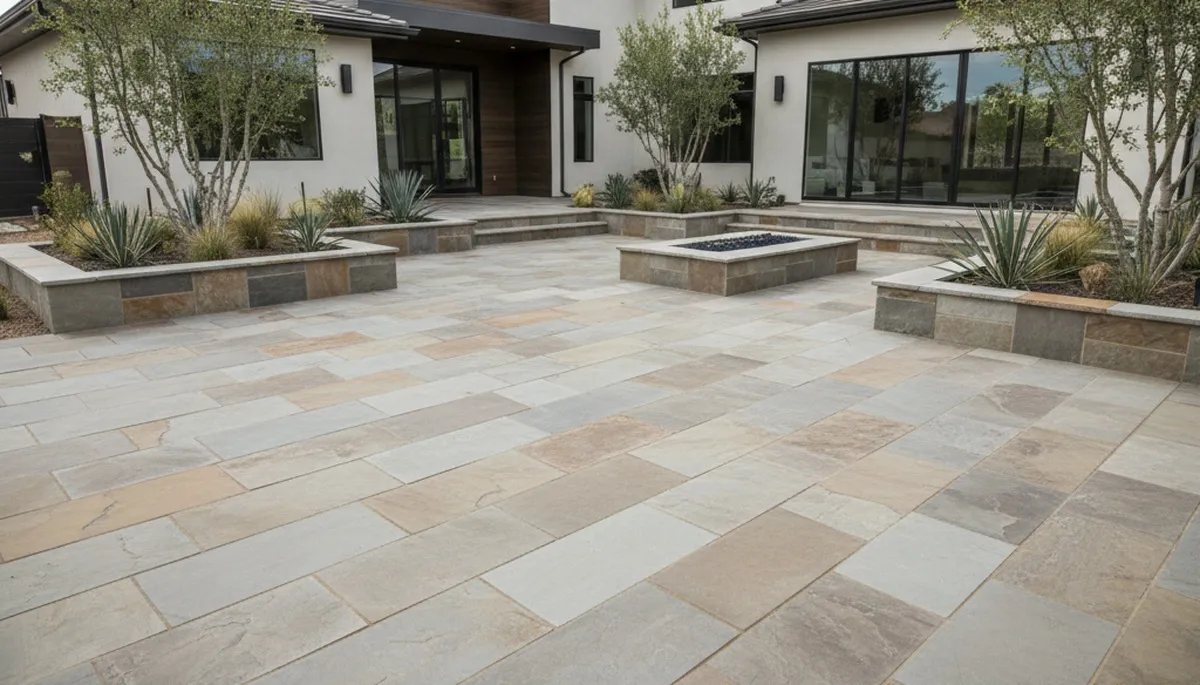 Modern large stone slab patio installation by professional landscapers in Las Vegas, NV