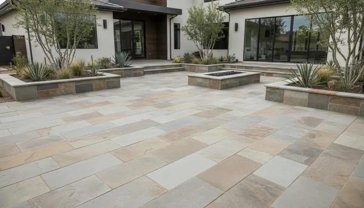 Modern large stone slab patio installation by professional landscapers in Las Vegas, NV