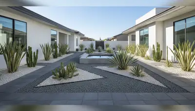 Modern minimalist pea gravel landscape with geometric design by Chop Chop Landscaping in Las Vegas, NV