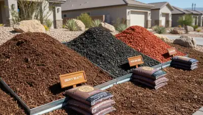 Brown, black, and red mulch color options displayed for landscaping in Las Vegas, NV