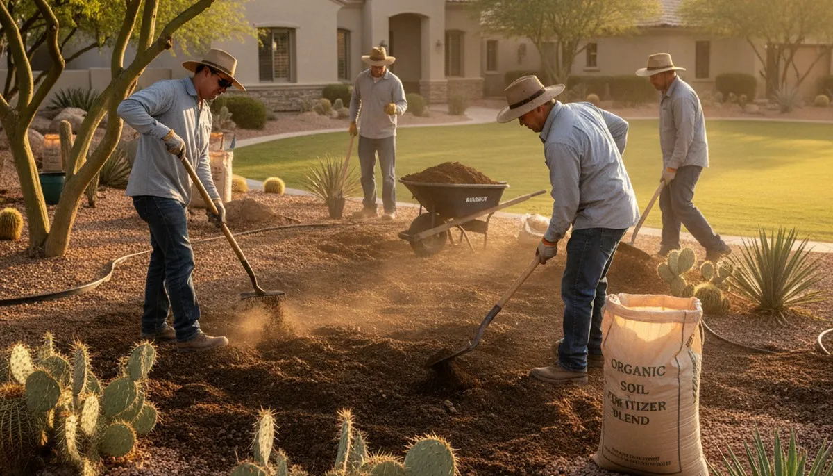 Applying organic compost and natural fertilizers to landscape beds in Las Vegas, NV