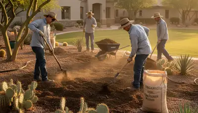 Applying organic compost and natural fertilizers to landscape beds in Las Vegas, NV