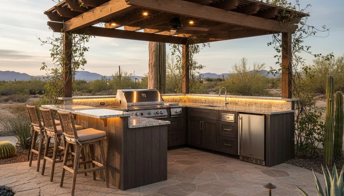 Luxury outdoor kitchen with pergola and granite countertops by Las Vegas landscaping experts in Nipton, CA