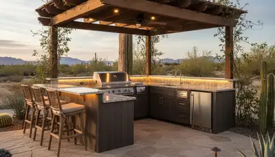 Luxury outdoor kitchen with pergola and granite countertops by Las Vegas landscaping experts in Nipton, CA