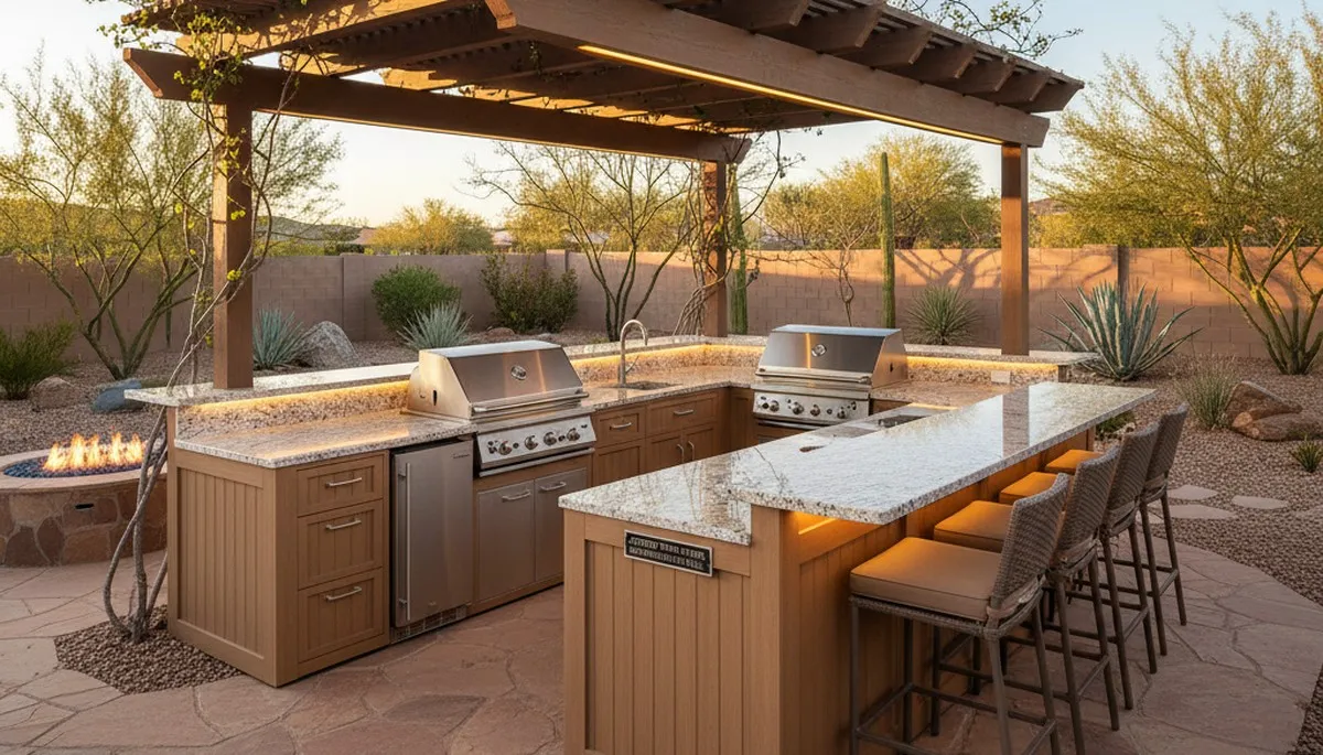 Desert-style outdoor kitchen with pergola and stone countertops by landscaping experts in Willow Beach, AZ