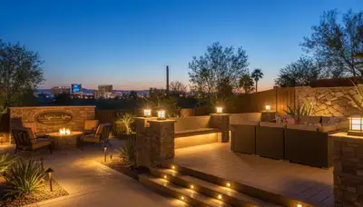 Outdoor patio lighting design in Las Vegas, NV with post caps and step lights by Chop Chop Landscaping