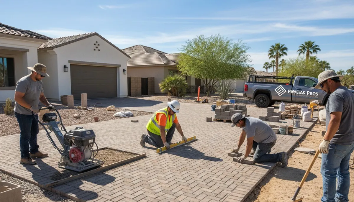 Professional crew installing driveway pavers in Las Vegas, NV with precise base prep and leveling