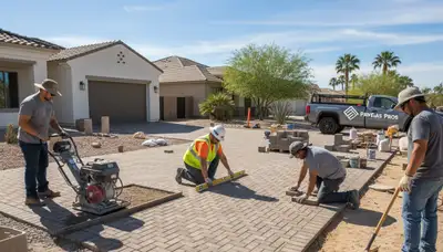 Professional crew installing driveway pavers in Las Vegas, NV with precise base prep and leveling