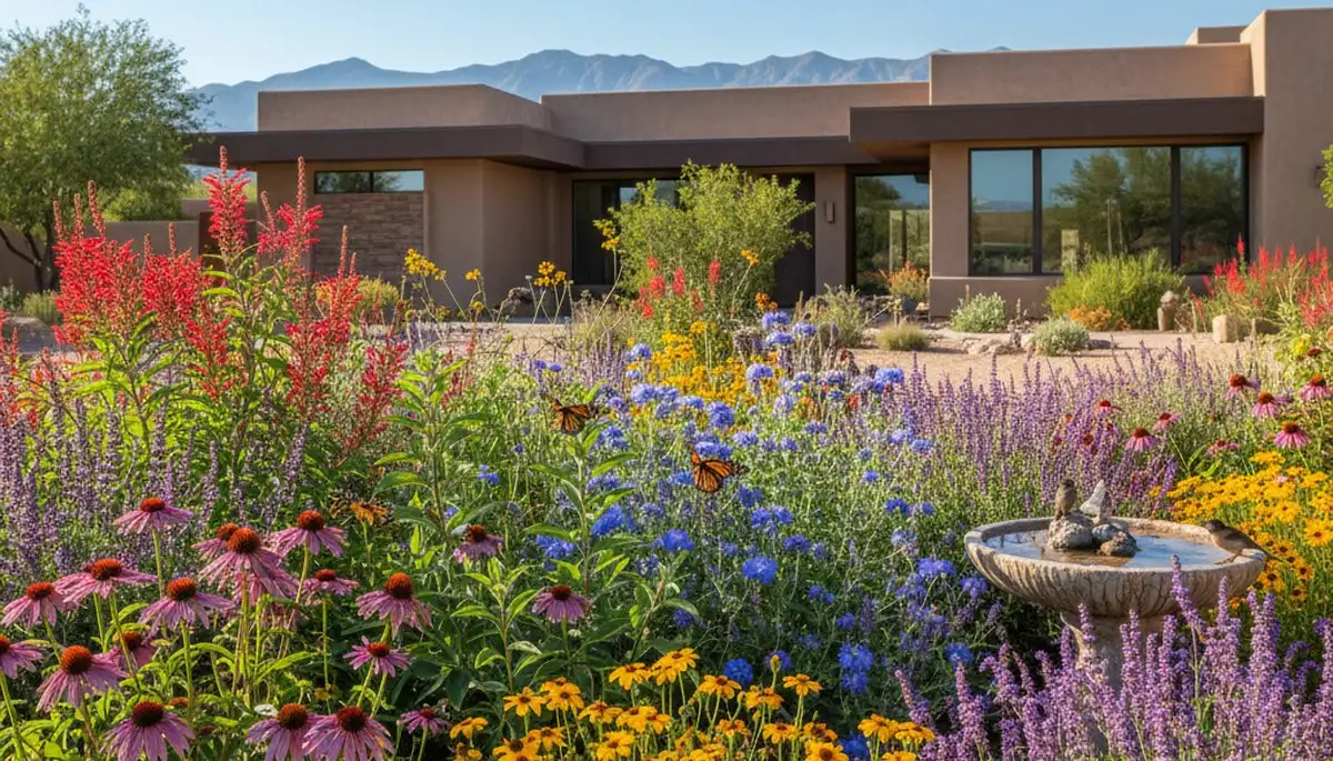 Pollinator-friendly native garden with butterflies and bee plants by organic landscapers in Las Vegas, NV