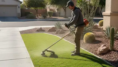 Technician edging Las Vegas lawn with string trimmer for clean, professional landscaping finish