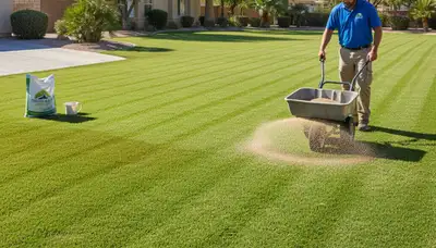 Professional landscaper spreading fertilizer on residential lawn in Las Vegas, NV
