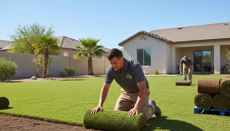 Professional landscaper installing fresh sod with precision in Las Vegas, NV for Chop Chop Landscaping