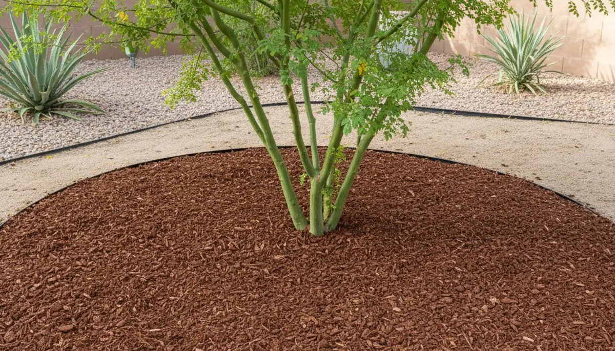 Professional circular tree mulch ring installation in Las Vegas, NV landscaping by Chop Chop Landscaping