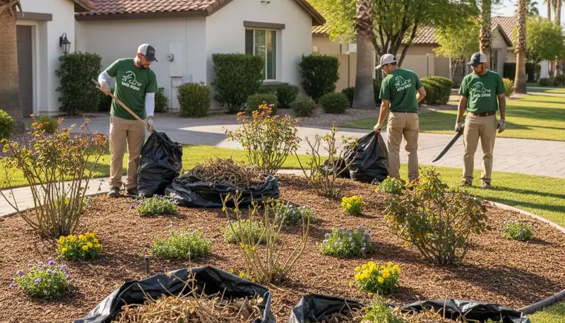 Professional yard cleanup crew refreshing spring landscape at a Las Vegas NV home