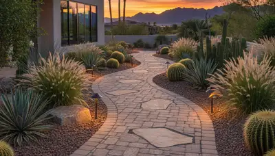 Stone paver pathway installation in Las Vegas NV showcasing expert landscaping and hardscape design