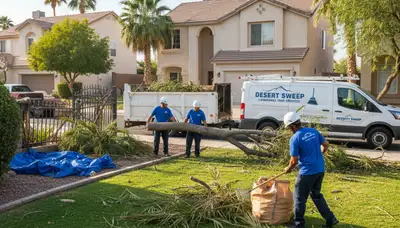 Las Vegas yard cleanup crew clearing storm debris and fallen branches after heavy weather damage