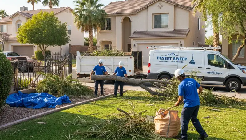 Las Vegas yard cleanup crew clearing storm debris and fallen branches after heavy weather damage