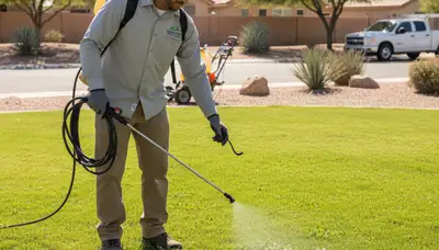 Technician applying lawn weed control treatment in Las Vegas, NV with professional sprayer and safety gear.